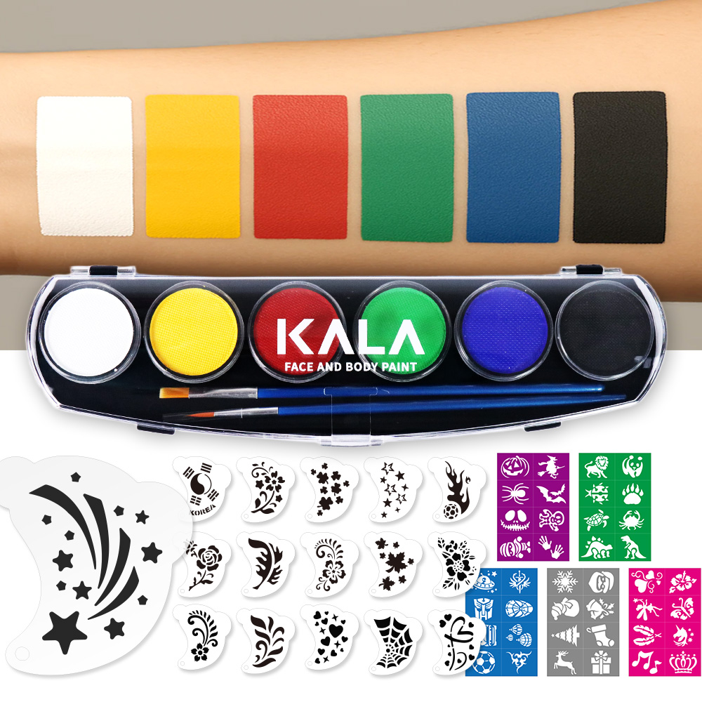 (스텐실56종증정) 칼라 페이스&바디페인트 워터베이스컬러팔레트-에센셜6색 KALA Face&body paint Water based color palette-Essential6(60g)