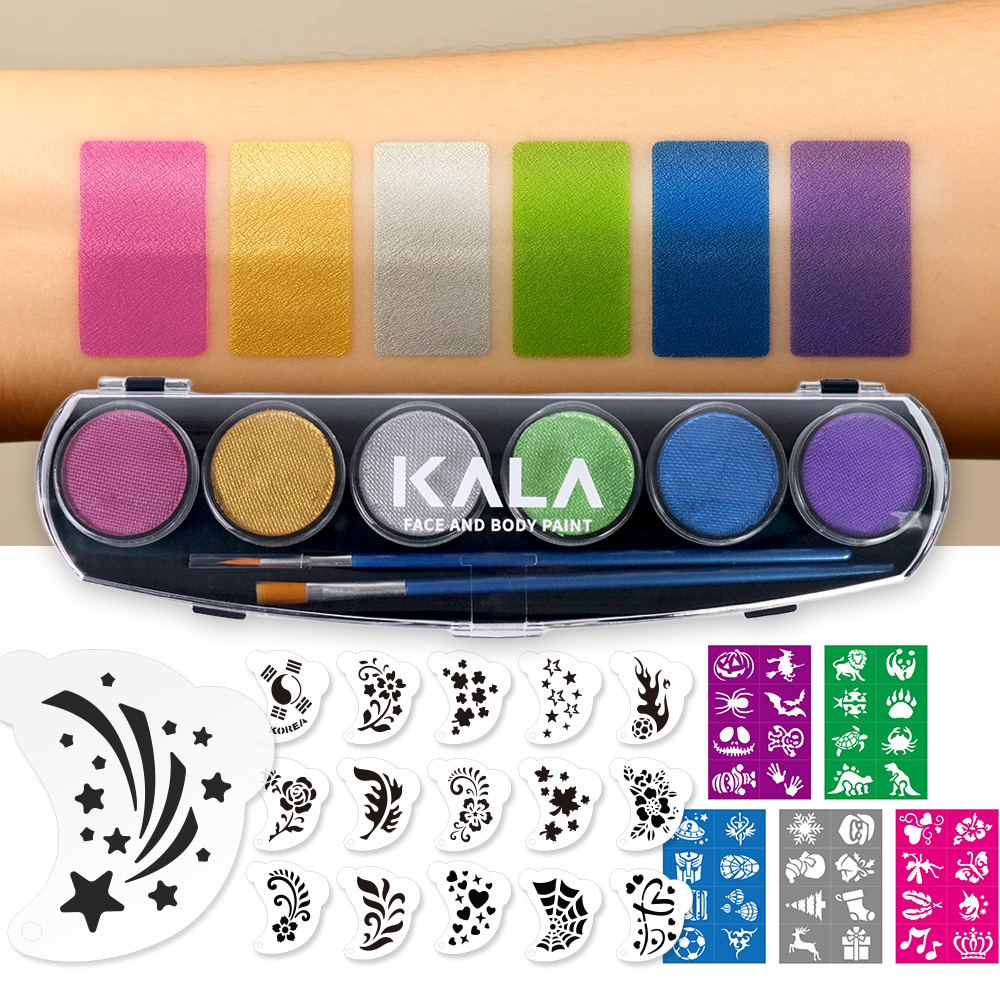 (스텐실56종증정) 칼라 페이스&바디페인트 워터베이스컬러팔레트-펄6색 KALA Face&body paint Water based color palette-Pearl6 (60g)