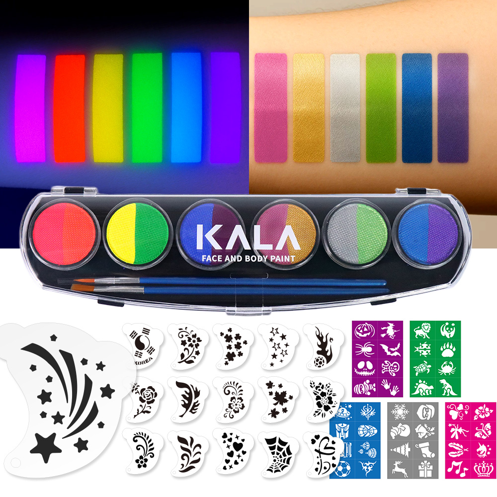 (스텐실56종증정) 칼라 페이스&바디페인트 워터베이스컬러팔레트-펄&네온12색 콤비네이션 KALA Face&body paint Water based color palette-Pearl&Neon12Combination (60g)