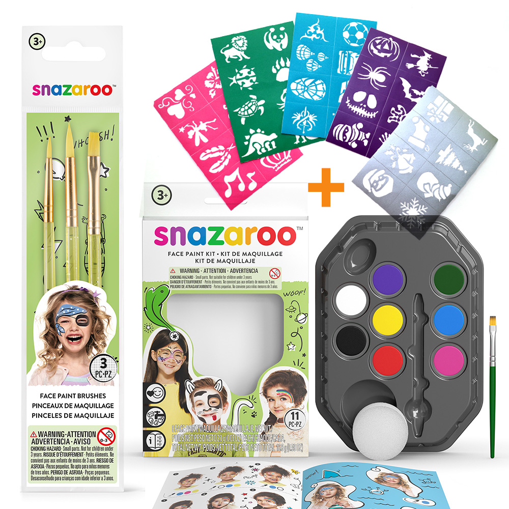 영국 스나자루 페이스페인팅 번들킷 레인보우8색키트 + 브러쉬3종 + 스탠실56종